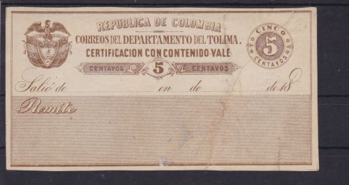 Kolumbien Tolima Wertbriefversicherungsmarke 9 II Certificacion con contenido
