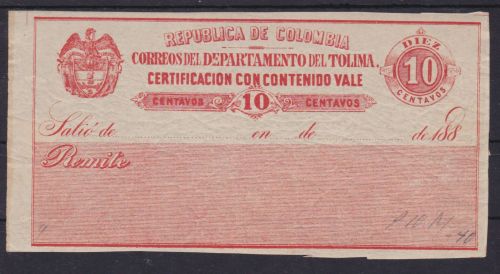 Kolumbien Tolima Wertbriefversicherungsmarke 10 I Certificacion con contenido