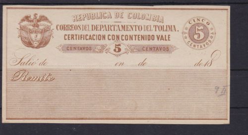 Kolumbien Tolima Wertbriefversicherungsmarke 9 II Certificacion con contenido