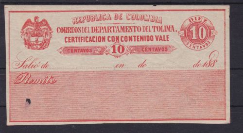 Kolumbien Tolima Wertbriefversicherungsmarke 10 I Certificacion con contenido