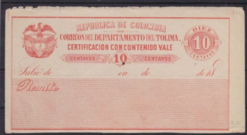 Kolumbien Tolima Wertbriefversicherungsmarke 10 II Certificacion con contenido