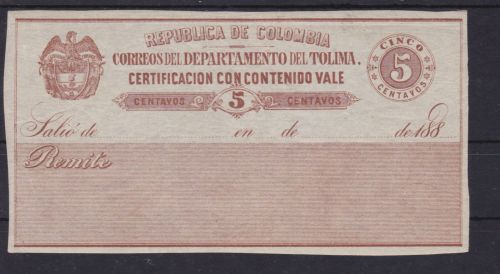 Kolumbien Tolima Wertbriefversicherungsmarke 9 I Certificacion con contenido