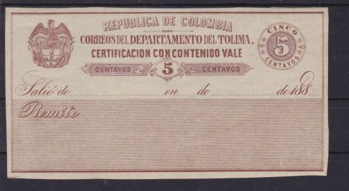 Kolumbien Tolima Wertbriefversicherungsmarke 9 I Certificacion con contenido