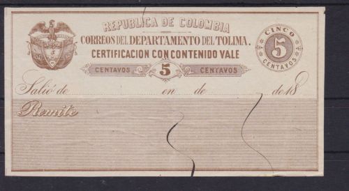Kolumbien Tolima Wertbriefversicherungsmarke 9 II Certificacion con contenido