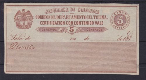 Kolumbien Tolima Wertbriefversicherungsmarke 9 I Certificacion con contenido