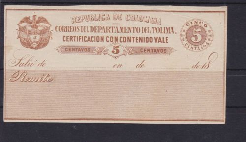 Kolumbien Tolima Wertbriefversicherungsmarke 9 II Certificacion con contenido