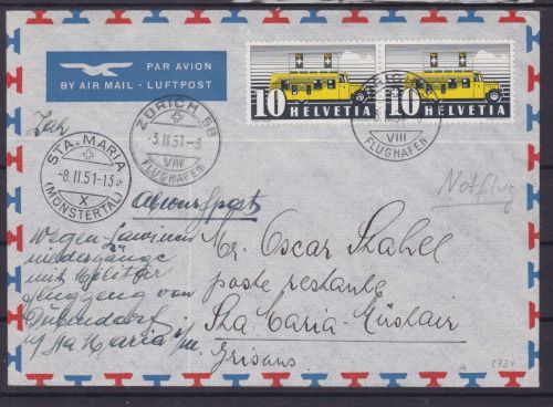 Schweiz Flugpost Notflug Zürich - Sta. Maria 1951