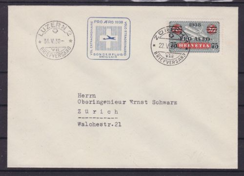 Schweiz Flugpost Sonderflug Luzern - Zürich 1938