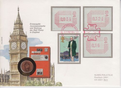 Numisbrief Großbritannien 1/2 Penny 1982 Automatenmarke ATM FRAMA 1984