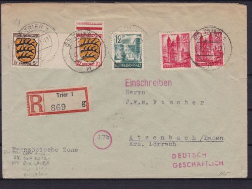 Rheinland-Pfalz MiF mit Franz. Zone R-Brief Trier - Atzenbach 1947