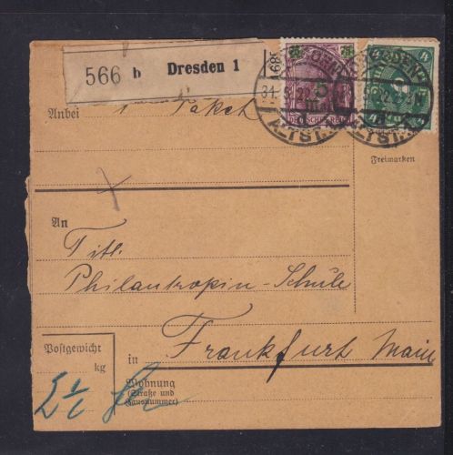 Deutsches Reich Paketkarte Dresden - Frankfurt 1922