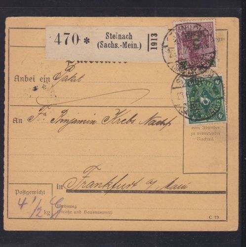 Deutsches Reich Paketkarte Steinach - Frankfurt 1922