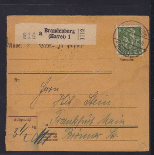 Deutsches Reich Paketkarte Brandenburg - Frankfurt 1922