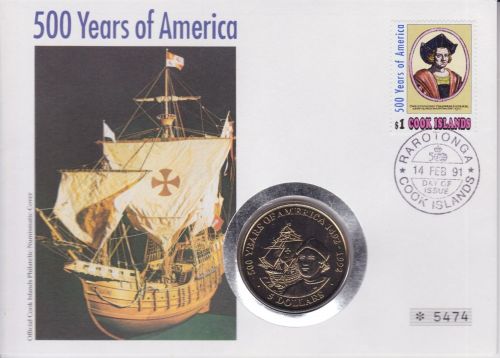 Numisbrief Cook 5 Dollar 1991 500 Jahre Amerika