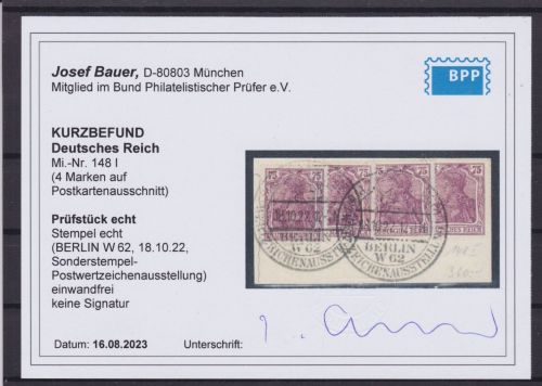Deutsches Reich 4 x 148 I auf Briefstück gepr. Bauerr BPP 1922 Michel 220 €