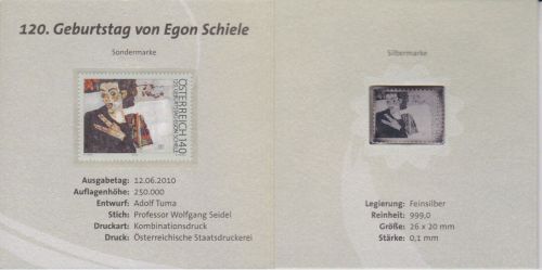 Numiphilum Nr. 6 Briefmarke + 999er Silberbarren Egon Schiele Gemälde 2010