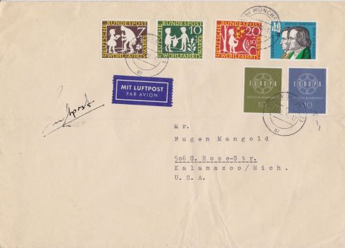 Bund 320/325 auf Luftpost-Brief in die USA 1959