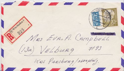 Bund 191 auf R-Brief aus Wiesbaden nach Velburg 1954