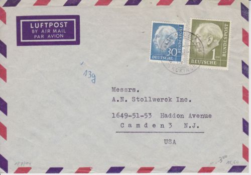 Bund 187+194 auf Luftspost-Brief in die USA 1957