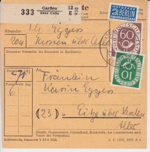 Bund 128+135 auf Paketkarte aus Garßen nach Eitze