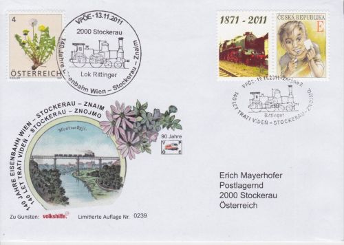 Österreich Sonderpost-Beförderung Eisenbahn railway Tschechien 2011