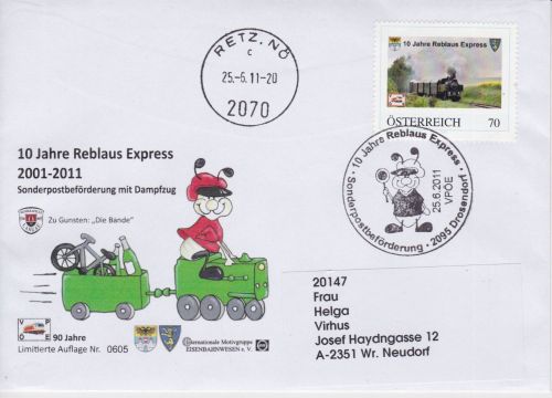 Österreich PM Sonderpost-Beförderung Eisenbahn railway Reblaus Express 2011