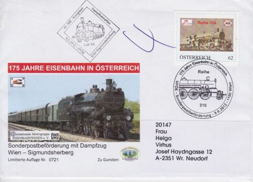Österreich PM Sonderpost-Beförderung Eisenbahn railway Dampfzug 2012