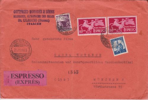 Italien Express-Brief aus St. Ulrich Bozen nach München 1949