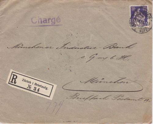 Schweiz R-Brief aus Zürich nach München 1926 CHARGE