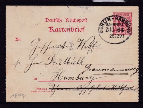 Deutsches Reich Karten-Brief Bahnpost Berlin-Hamburg 1897