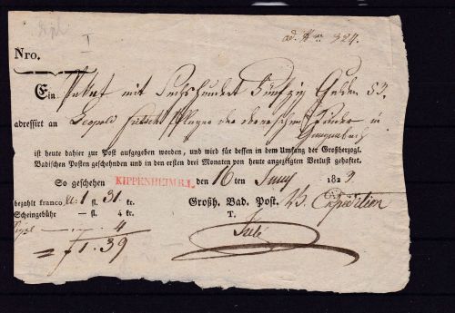 Baden Paketschein - Begleitschein Kippenheim 1823