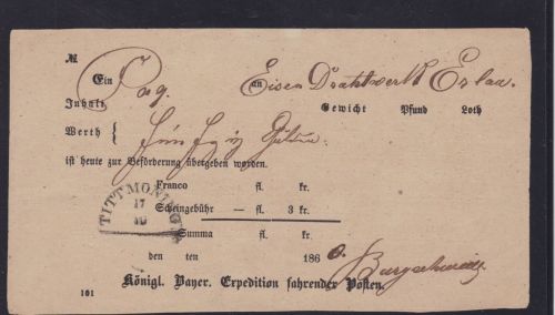 Bayern Paketschien - Begleitschein Tittmoning 1860
