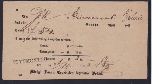 Bayern Paketschien - Begleitschein Tittmoning 1860