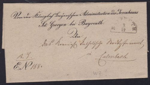 Vorphila-Brief Irrenhaus St. Georgen bei Bayreuth nach Kulmbach 1842