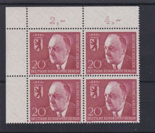 Berlin 192 postfr. Eckrand 4er-Block Walther Schreiber 1960