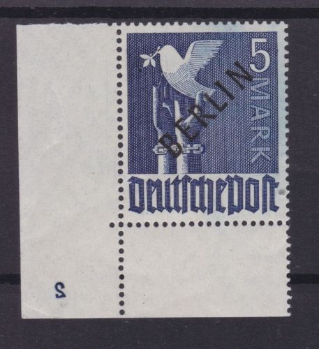 Berlin 20 Pl.-Nr. 2 postfr. Eckrand Schwarz-Aufdrucke 1948 Michel 1900 € gepr.