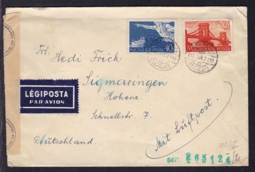 Ungarn Luftpost-Brief nach Sigmaringen 1942 ZENSUR/CENSOR