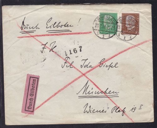 Deutsches Reich 411+420 EILBOTEN-Brief aus Breslau nach München 1931
