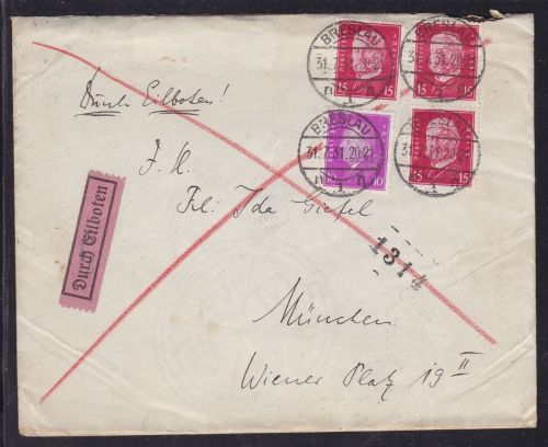 Deutsches Reich 3 x 414 +435 EILBOTEN-Brief aus Breslau nach München 1931