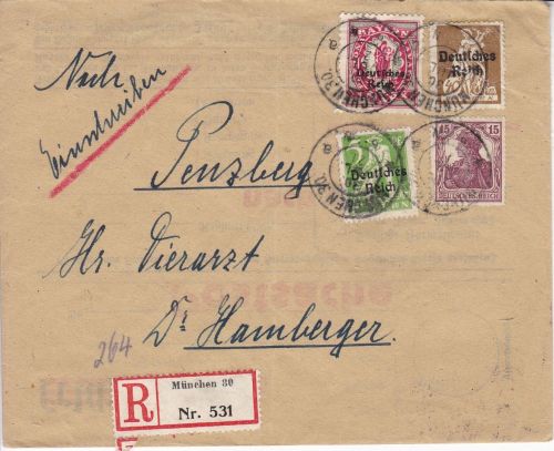 Deutsches Reich 119+124+129+142 auf R-Brief München nach Hamburg 1921