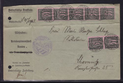 Deutsches Reich Brief mit Dienst 7 x 68 Dresden - Chemnitz 5.1.1923