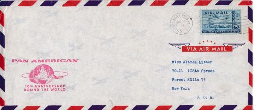Erstflug FFC: Pan Am 10 anniversary round the world Philadelphia 1957