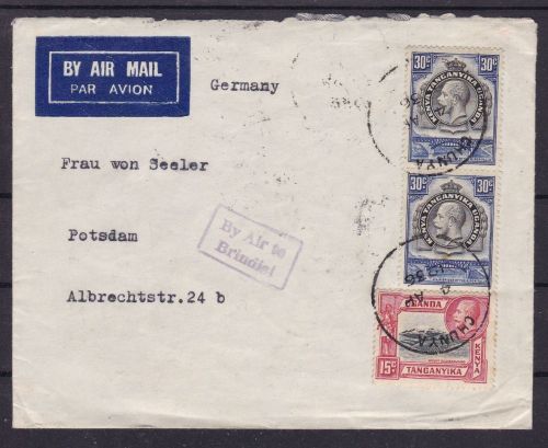 Flugpost: Chunya Ostafrika - Mbeya - Brindisi Italien - Potsdam 1936