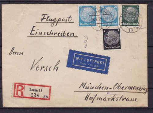 Deutsches Reich Flugpost-R-Brief Berlin - München-Obermenzing 1939