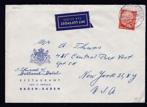 Bund 264 Ef Luftpost-Brief Baden-Baden - New York 1961