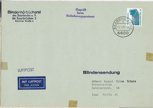 Bund 1448 auf Blindensendung per Luftpost 1990 mit INHALT