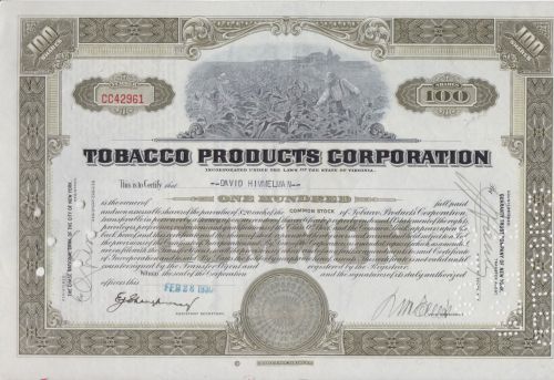 Tobacco Products Corporation 100 Shares 1930