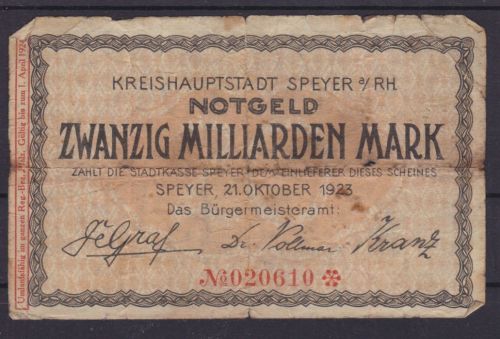 Notgeld: Speyer 20 Milliarden Mark 1923