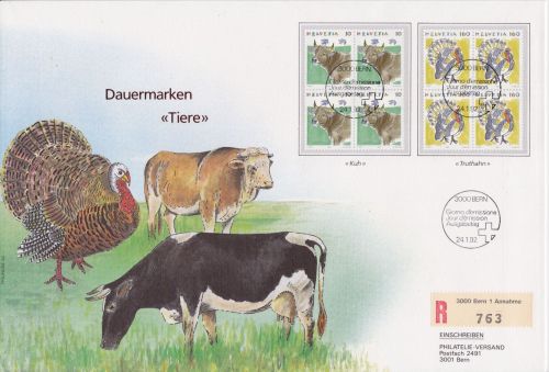 Schweiz 1461/1462 4er-Block FDC 1992 Tier animals Vögel birds Kühe