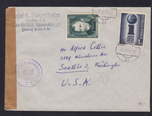 Österreich 974/975 auf Brief aus Wien nach Seattle ZENSUR 1953
